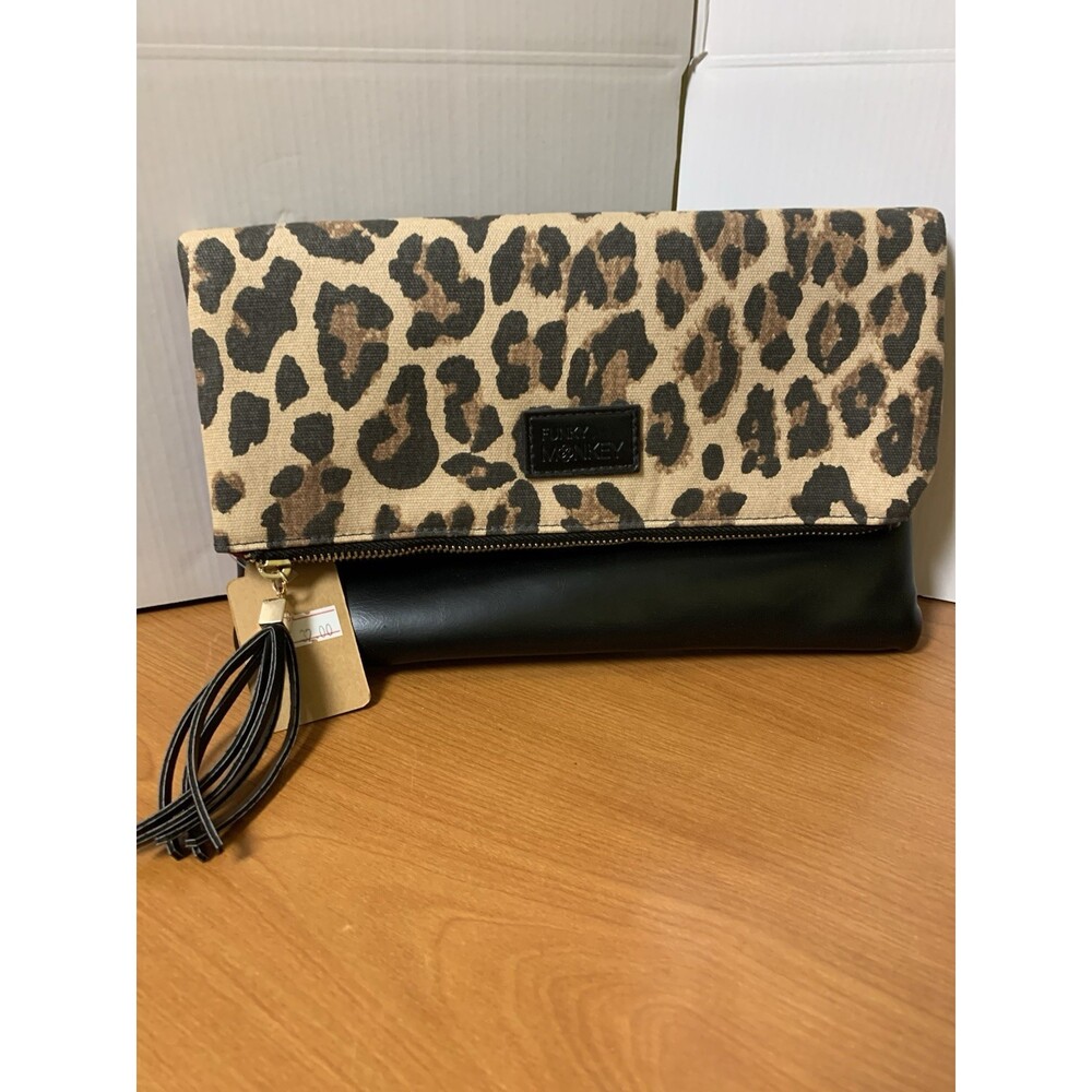 Funky Monkey‎ Fashion Foldover Clutch Leopard Print 11" x 7" Purple Lining